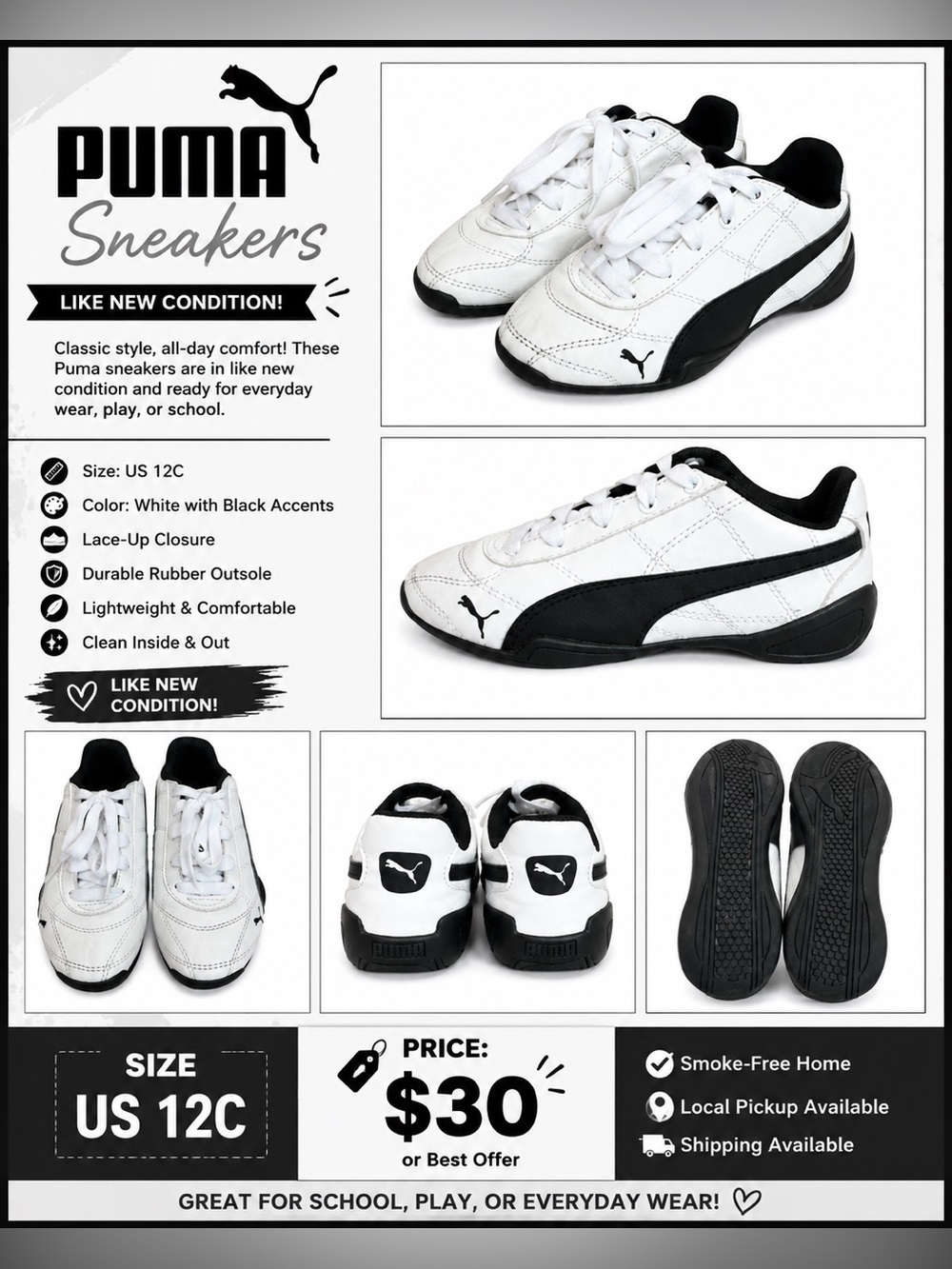 Puma White and Black Lace-Up Sneakers
